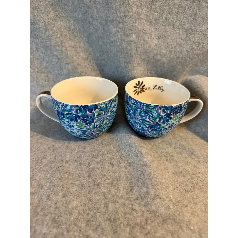 Lilly Pulitzer Coffee Mug Set 2 Blue Green Floral Gold Handle Ceramic Tea Cups